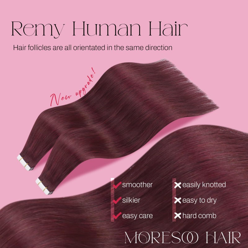 Moresoo Burgundy Tape in Extensions Real Human Hair Seamless Hair Extensions Wine Red Human Hair Extensions Tape in Extensions Silky Straight Human Hair 14 Inch #99J 20pcs 40g - Image 2